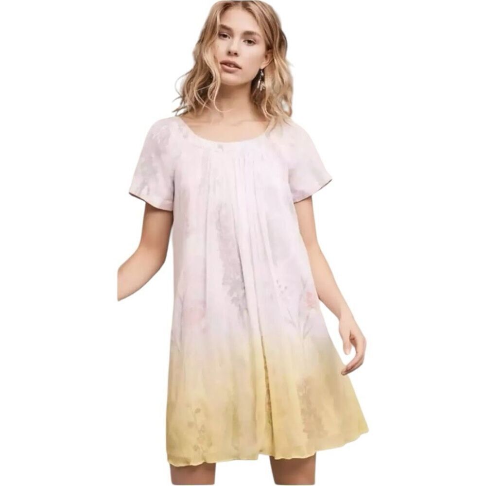 Anthropologie HD in Paris Pink Floral Yellow Dipped Mini Dress Size 0 Keyhole